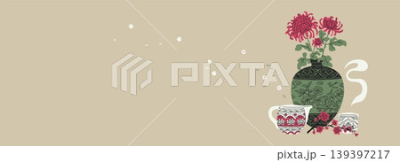 Traditional Asian vase with flowers, teapot and mug, vintage oriental pottery floral ornament, vector beige background Traditional Asian vase with flowers, teapot and mug, vintage oriental pottery floral ornament, vector beige background 139397217