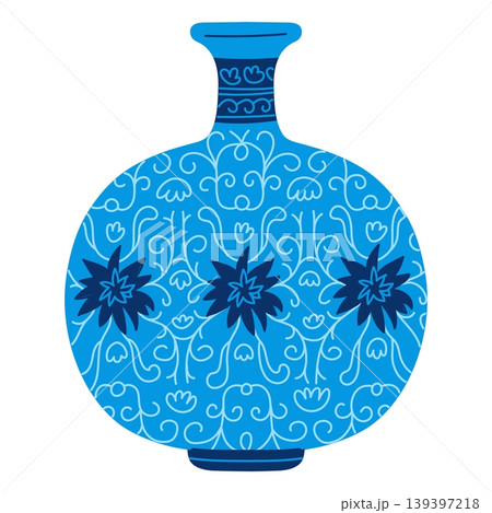 Asian wide vase and narrow neck, vector blue porcelain or clay tableware, vintage oriental pottery floral ornaments Asian wide vase and narrow neck, vector blue porcelain or clay tableware, vintage oriental pottery floral ornaments 139397218