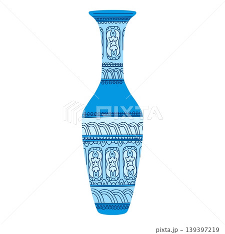 Elegant traditional Asian vase with floral ornaments, vector blue porcelain or clay tableware, vintage oriental pottery 139397219