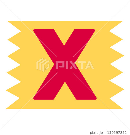 Uppercase X letter of English alphabet, vector bright festive red typeface in yellow zigzag shape frame, kids happy font 139397232
