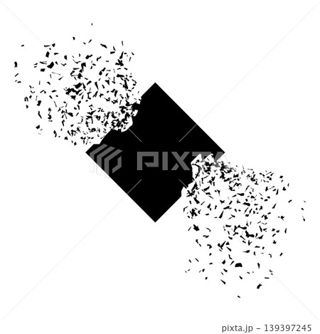 Shattered rhombus banner explodes, crashed square shape with fractured edges and scattered black cracks vector design 139397245