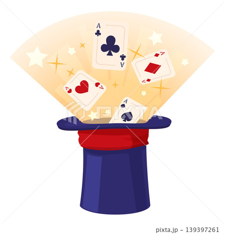 Magic focus trick with hat and flying out of shiny playing cards, vector cartoon wizard tool, magician performance show Magic focus trick with hat and flying out of shiny playing cards, vector cartoon wizard tool, magician performance show 139397261
