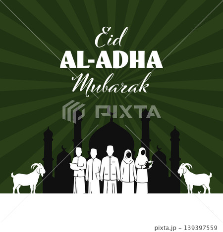 Happy Eid Al-Adha Mubarak Muslim Greeting Banner with Mosque and Qurban Animals.Vector Illustration 139397559