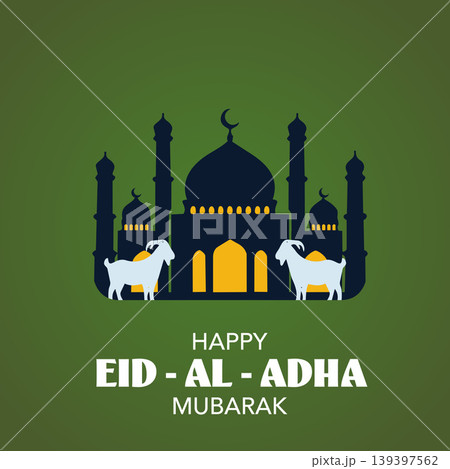 Happy Eid Al-Adha Mubarak Greeting Poster with Mosque Silhouette and Qurban Sacrifice Goats.Vector Illustration Happy Eid Al-Adha Mubarak Greeting Poster with Mosque Silhouette and Qurban Sacrifice Goats.Vector Illustration 139397562