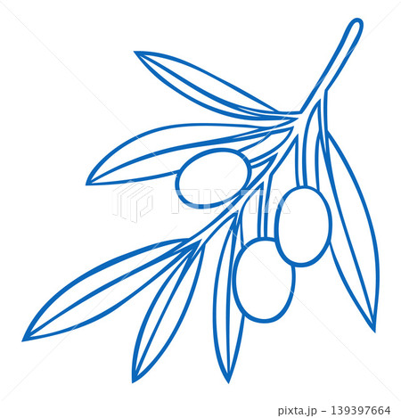 Branch of olives with leaves blue line art vector icon, raw olive fruit farm product, harvest plant Mediterranean menu Branch of olives with leaves blue line art vector icon, raw olive fruit farm product, harvest plant Mediterranean menu 139397664