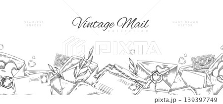 Vintage mail vector engraved hand drawn seamless border design, envelopes, postage stamp and wax seal, letters sketch Vintage mail vector engraved hand drawn seamless border design, envelopes, postage stamp and wax seal, letters sketch 139397749