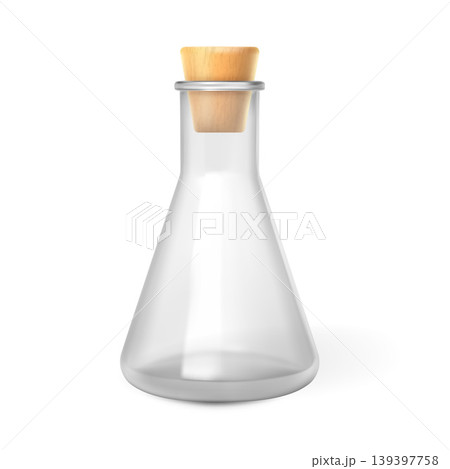 A realistic empty glass Erlenmeyer flask, conical in shape, with a closed wooden stopper. A realistic empty glass Erlenmeyer flask, conical in shape, with a closed wooden stopper. 139397758