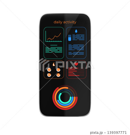 Mobile smartphone with tracking app on the screen, 3d vector fitness dashboard with daily activity, kcal, water, stress Mobile smartphone with tracking app on the screen, 3d vector fitness dashboard with daily activity, kcal, water, stress 139397771