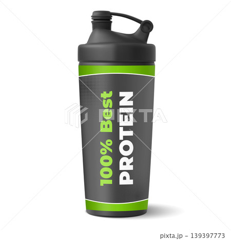 Protein plastic shaker black bottle vector realistic mockup, fitness bottle Best protein label container with flip lid 139397773
