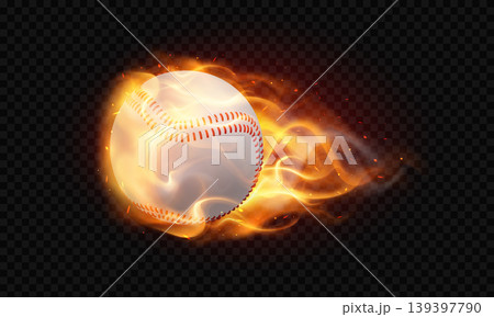 Burning baseball ball flight realistic 3D vector illustration, white ball with red stitches sport game equipment in fire 139397790