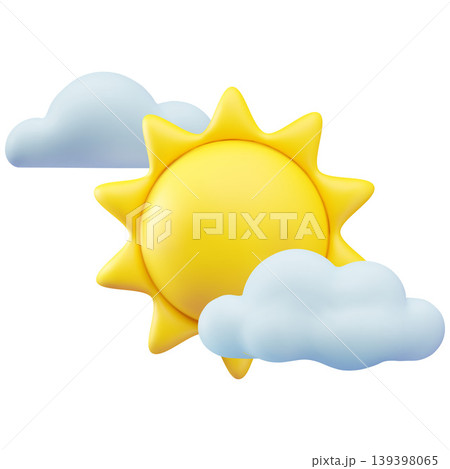 A 3D icon of a bright yellow sun with clouds. Weather forecast. 139398065