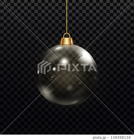 Christmas ball hanging on golden rope, vector realistic transparent 3D glass ball with glares, volume festive decoration Christmas ball hanging on golden rope, vector realistic transparent 3D glass ball with glares, volume festive decoration 139398138