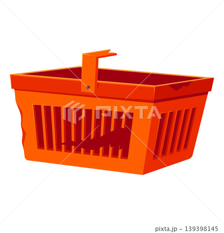 Old orange empty shopping basket flat vector, cartoon grocery market broken plastic box container with damaged handles Old orange empty shopping basket flat vector, cartoon grocery market broken plastic box container with damaged handles 139398145