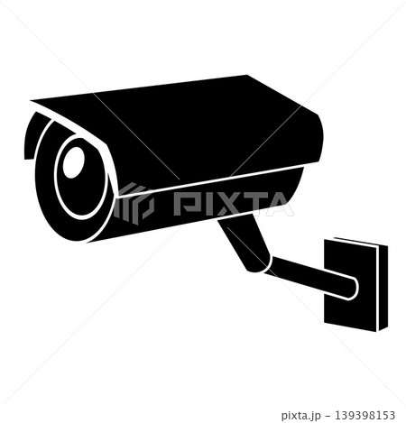 Black sketch of a CCTV camera on a wall bracket with a highlighted lens. 139398153