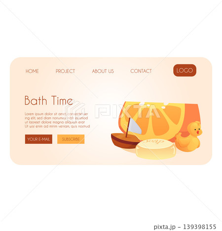 A website page with an orange slice, a boat, a rubber duck, soap, and the words "bath time." A website page with an orange slice, a boat, a rubber duck, soap, and the words "bath time." 139398155