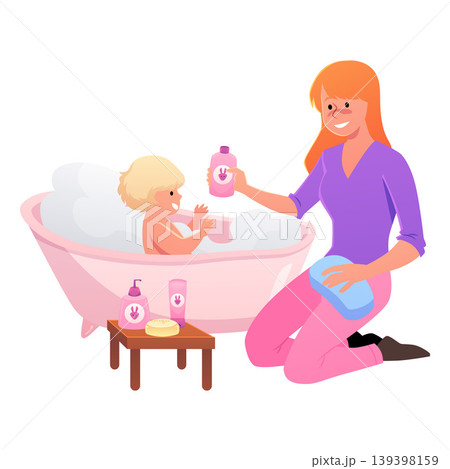 A mother bathing her baby in a pink bathtub with plenty of bubbles and using baby cosmetics. 139398159