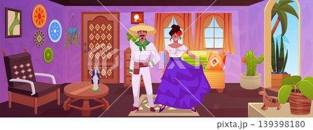 Mexican house interior, vector flat woman and man in national clothes, Spanish room with retro furniture, rustic carpet Mexican house interior, vector flat woman and man in national clothes, Spanish room with retro furniture, rustic carpet 139398180