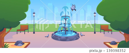Landscape with a summer city park, fountain, pigeons, trees, benches, and buildings. 139398352