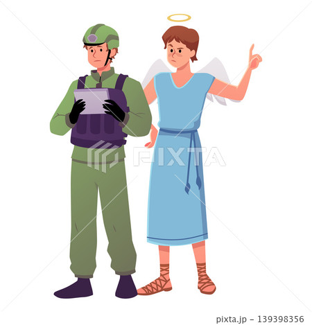 Military soldier operating UAV system with angel guardian behind back, spirit savior defense on war mission vector flat 139398356