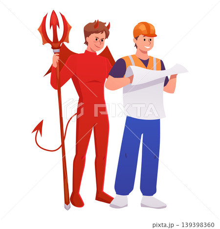 A smiling construction worker in a hard hat, holding a piece of paper and a sly devil behind him. A smiling construction worker in a hard hat, holding a piece of paper and a sly devil behind him. 139398360