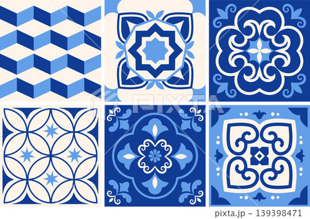 Traditional Azulejo Portuguese tile patterns collection. Ornamental Mediterranean ceramic set 139398471