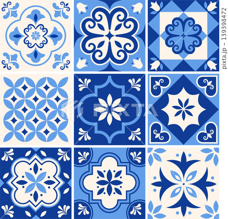 Traditional Azulejo Portuguese tile patterns collection. Ornamental Mediterranean ceramic set 139398472