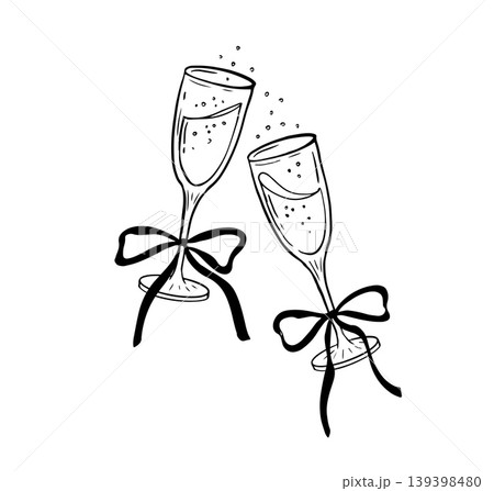 Two vintage hand drawn champagne glasses with coquette bow line art illustration for wedding 139398480