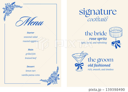 Hand drawn wedding menu template with vintage girlie doodles and retro cocktail line art 139398490