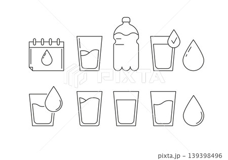 Simple linear water icons set. Glasses, bottle, drops and calendar reminder outline symbols 139398496