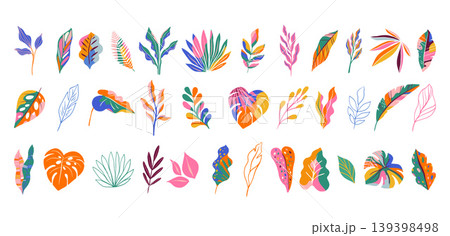 Tropical colorful jungle leaves collection. Exotic summer illustrations and graphic elements set. Tropical colorful jungle leaves collection. Exotic summer illustrations and graphic elements set. 139398498
