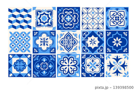 Traditional Azulejo Portuguese blue tile patterns collection. Ornamental Mediterranean decorative 139398500