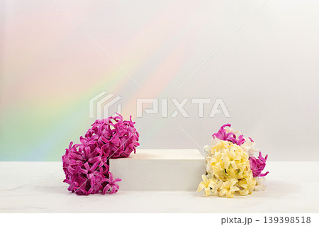 Abstract beautiful flower arrangement with hyacinths,banner.Empty product podium and fresh live spring flowers.Stage for business concept.Minimal modern aesthetics and elegant beauty concept Abstract beautiful flower arrangement with hyacinths,banner.Empty product podium and fresh live spring flowers.Stage for business concept.Minimal modern aesthetics and elegant beauty concept 139398518