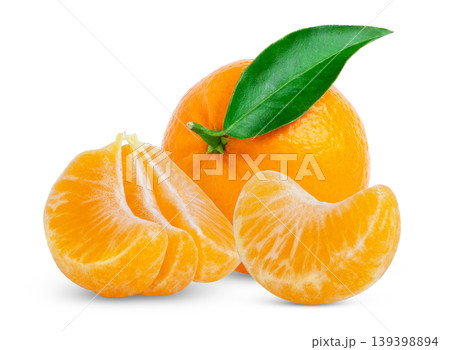 Ripe tangerine or clementine fruits with leaf. Fresh mandarin fruit with peeled clementine and green leaves on white background. 139398894