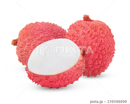 Whole unpeeled lychee and peeled half of lychee isolated. 139398899
