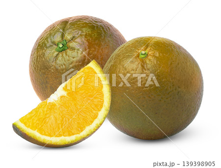 Chocolate navel oranges and slice of brown orange. Orange with brown or bronze peel isolated. 139398905