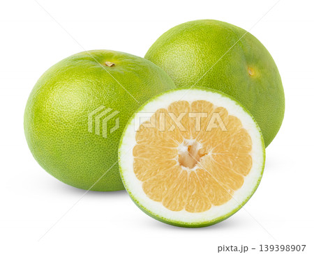 Grapefruit sweetie fruits - whole sweetie fruit and half of sweetie fruit isolated. Green pomelo, pomelit, oroblanco citrus fruits and slice of pomelit isolated. Grapefruit sweetie fruits - whole sweetie fruit and half of sweetie fruit isolated. Green pomelo, pomelit, oroblanco citrus fruits and slice of pomelit isolated. 139398907