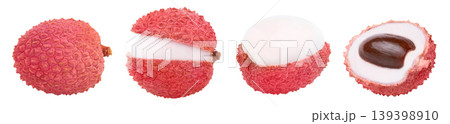 Organic whole lychee and peeled half of lychee with seed isolated without shadow. 139398910