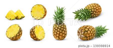 Isolated pineapples collection. Whole pineapple, cut in a half of pineapple, slices of ananas isolated set. Isolated pineapples collection. Whole pineapple, cut in a half of pineapple, slices of ananas isolated set. 139398914