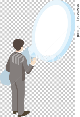 大きな虫眼鏡で調査するビジネスマンのアイソメトリックイラスト。分析・検索・課題発見 大きな虫眼鏡で調査するビジネスマンのアイソメトリックイラスト。分析・検索・課題発見 139398930