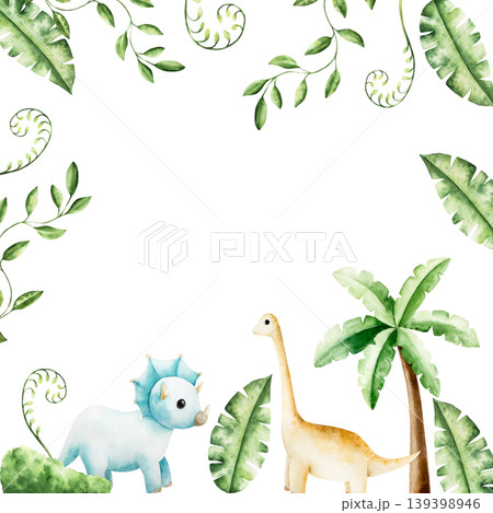Cute frame with dinosaur in tropical leaves and palm tree. Watercolor hand drawn, prehistoric diplodocus, Brachiosaurus animal. Isolated illustration on transparent background. Perfect for for nursery Cute frame with dinosaur in tropical leaves and palm tree. Watercolor hand drawn, prehistoric diplodocus, Brachiosaurus animal. Isolated illustration on transparent background. Perfect for for nursery 139398946