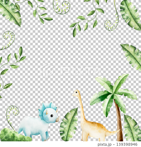 Cute frame with dinosaur in tropical leaves and palm tree. Watercolor hand drawn, prehistoric diplodocus, Brachiosaurus animal. Isolated illustration on transparent background. Perfect for for nursery Cute frame with dinosaur in tropical leaves and palm tree. Watercolor hand drawn, prehistoric diplodocus, Brachiosaurus animal. Isolated illustration on transparent background. Perfect for for nursery 139398946