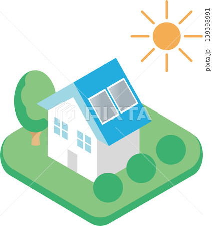 ソーラーパネル付き住宅のアイソメトリックイラスト。太陽光発電・ZEH・省エネ住宅の素材 139398991