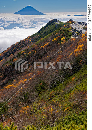 南アルプス・鳳凰三山・観音岳から見る紅葉の薬師岳と雲上の富士山 南アルプス・鳳凰三山・観音岳から見る紅葉の薬師岳と雲上の富士山 139399467