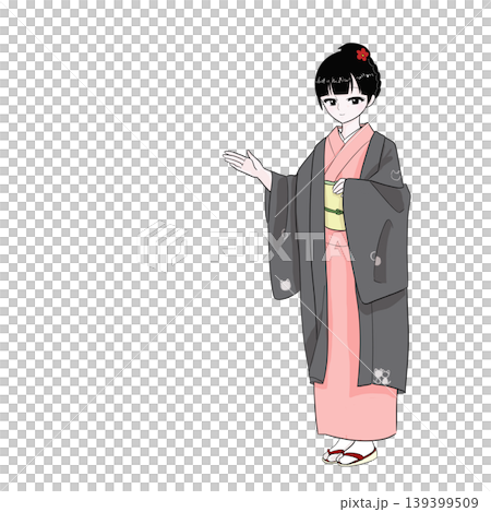 A woman in a kimono and haori jacket, guiding with one hand, hand on her chest, serving customers, directing them, Japanese style. 139399509