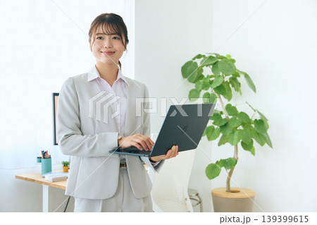 ノートパソコンを操作する若い女性ビジネスパーソン・オフィスで立って作業する会社員 139399615