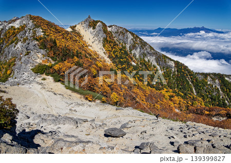 南アルプス・鳳凰三山・観音岳稜線から見る紅葉の地蔵岳と八ヶ岳 139399827