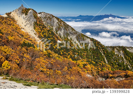 南アルプス・鳳凰三山・観音岳稜線から見る紅葉の地蔵岳と八ヶ岳 南アルプス・鳳凰三山・観音岳稜線から見る紅葉の地蔵岳と八ヶ岳 139399828