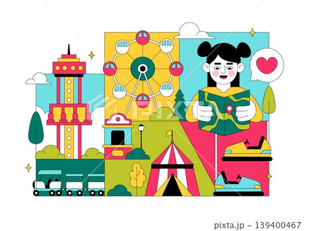 Amusement Park Vector Illustration Featuring Ferris Wheel, Roller Coaster, Carousel, and Colorful Funfair Attractions Theme Design Amusement Park Vector Illustration Featuring Ferris Wheel, Roller Coaster, Carousel, and Colorful Funfair Attractions Theme Design 139400467