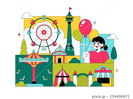 Amusement Park Vector Illustration Featuring Ferris Wheel, Roller Coaster, Carousel, and Colorful Funfair Attractions Theme Design 139400471