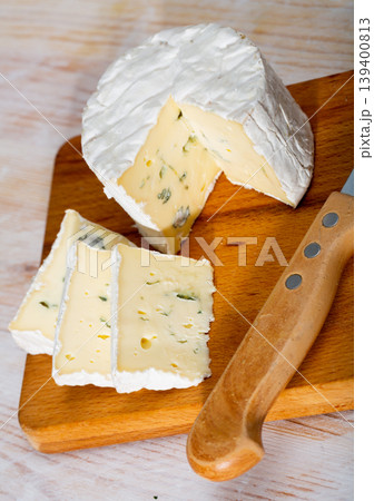 Creamy blue cheese on wooden board Creamy blue cheese on wooden board 139400813